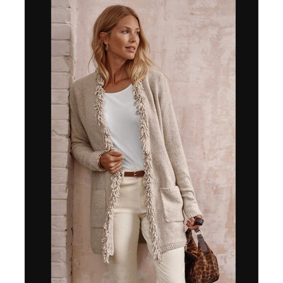 J. Jill Fringe Trim Cardigan Sweater Size Medium TALL Long Pockets Flax Heather - Picture 3 of 15